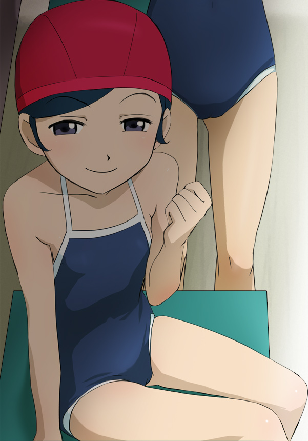 2girls, black_eyes, black_hair, blush, cameltoe, competition_school_swimsuit, competition_swimsuit, haruyama_kazunori