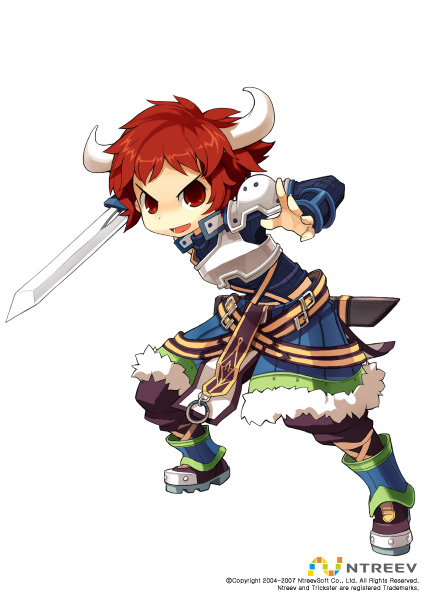 10s, 1boy, armcho, armor, buffalo_(trickster), fighting_stance, full_body, fur_trim, horns, male_focus, red_eyes, red_hair, short_hair, solo, standing, sword, trickster_(ntreev_soft), weapon