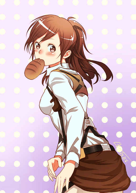 1girl, bad_id, bad_pixiv_id, belt, blush, bread, breasts, brown_eyes, brown_hair, buckle, eating, female_focus, food, long_hair, long_sleeves, longjunt, mouth_hold, polka_dot, polka_dot_background, ponytail, sasha_blouse, shingeki_no_kyojin, solo, thigh_strap