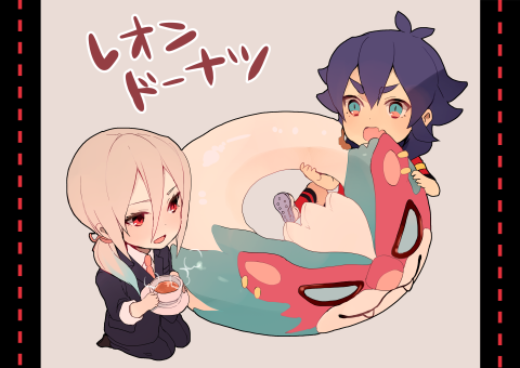 2boys, afuro_terumi, armband, blue_eyes, blue_hair, chibi, donut, food, formal_clothes, inazuma_eleven_(series), inazuma_eleven_go, juuou_leon, kidokawa_seishuu, kishibe_taiga, long_hair, lowres, male_focus, multicolored_hair, multiple_boys, necktie, aged_up, ponytail, purple_hair, red_eyes, seiza, sitting, soccer_uniform, sportswear, suit, tokio_neo, two-tone_hair