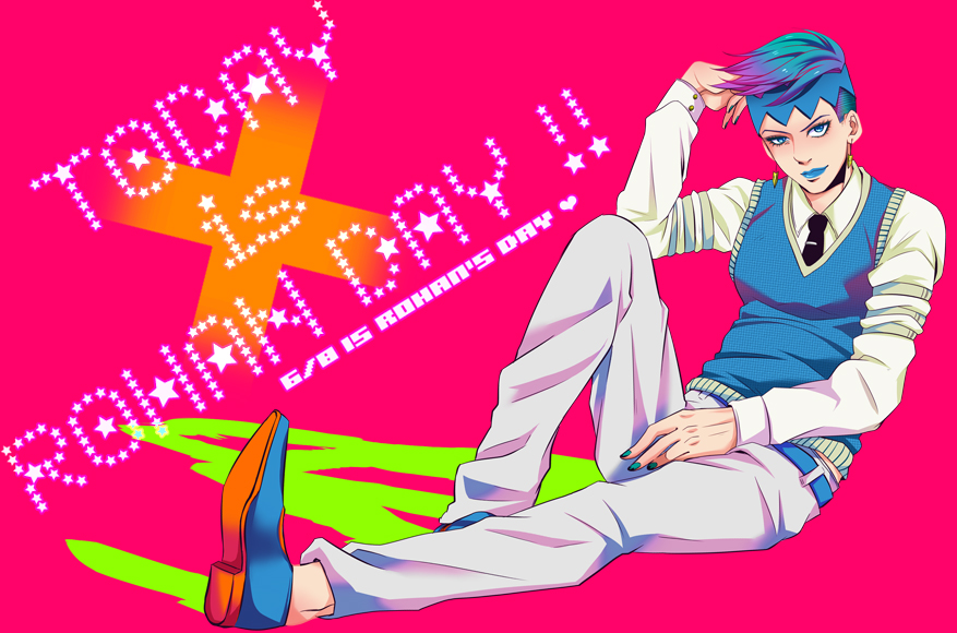 10s, 1boy, blue_eyes, blue_hair, blue_lips, headband, jojo_no_kimyou_na_bouken, kishibe_rohan