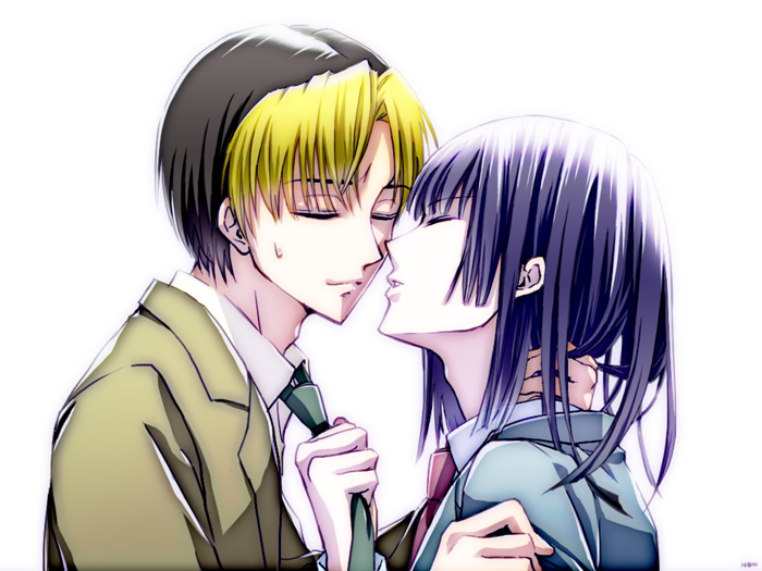 00s, 2boys, black_hair, blonde_hair, closed_eyes, clothes_grab, couple, formal_clothes, hikaru_no_go, imminent_kiss, male_focus, multiple_boys, necktie, necktie_grab, neckwear_grab, non_(tsuinari), purple_hair, shindou_hikaru, short_hair, suit, sweatdrop, touya_akira, yaoi