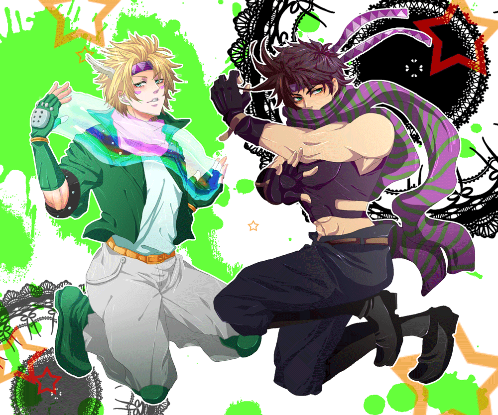 2boys, bad_id, bad_pixiv_id, black_hair, blonde_hair, boots, bubble, caesar_anthonio_zeppeli