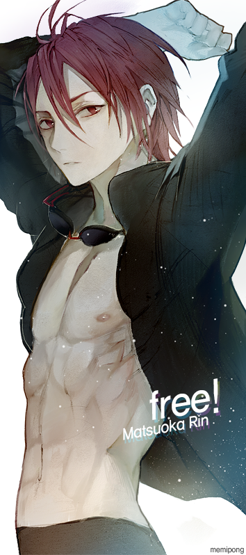 10s, 1boy, free!, goggles, goggles_around_neck, jacket, looking_at_viewer, male_focus, matsuoka_rin, memipong, red_eyes, red_hair, short_hair, simple_background, solo, topless_male, white_background