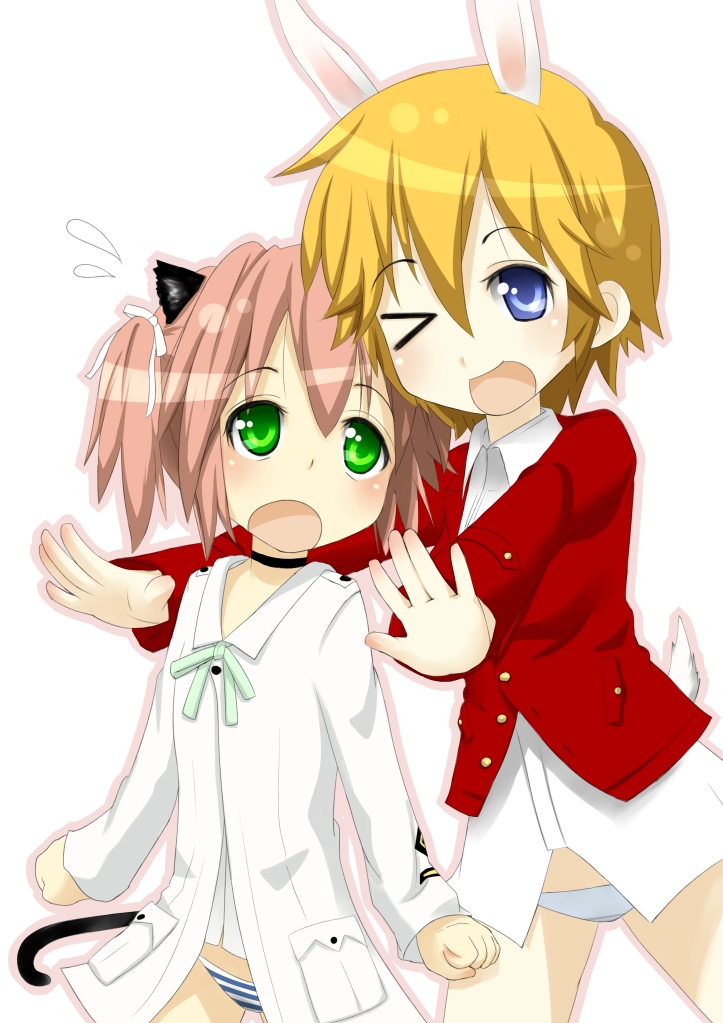 2girls, animal_ears, b-man, blue_eyes, cat_ears, cat_tail, charlotte_e_yeager_(cosplay), cosplay