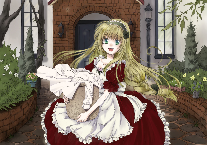 1girl, colorized, dress, female_focus, green_eyes, green_hair, highres, kikuho_(chizuru), long_hair, looking_at_viewer, matching_hair/eyes, open_mouth, original, smile, solo, very_long_hair