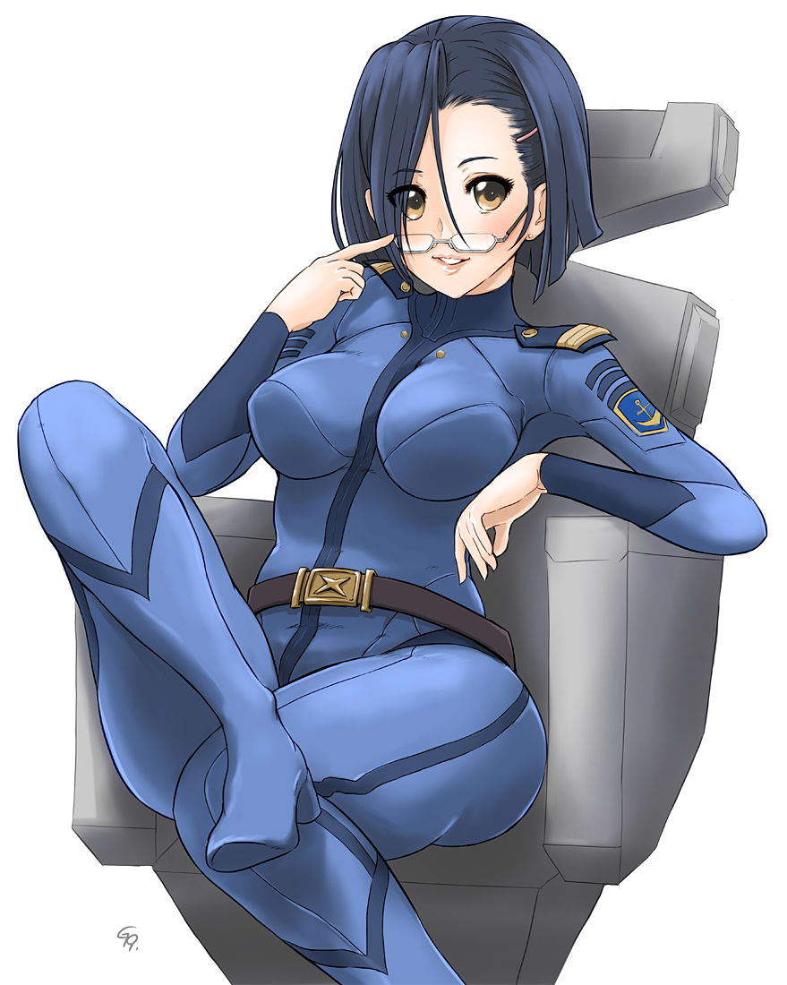 10s, 1girl, blue_hair, boots, breasts, brown_eyes, chair, female_focus