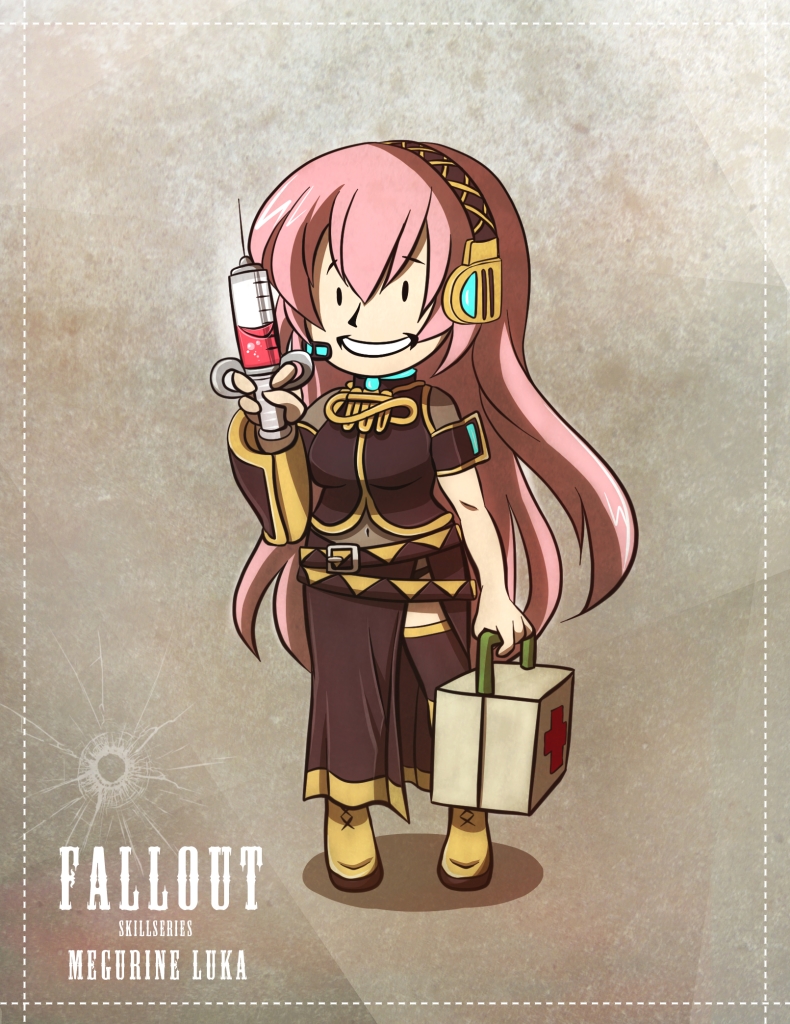 1girl, bullet_hole, character_name, fallout, female_focus, gyamo, headset, long_hair, megurine_luka, parody, pink_hair, smile, solo, syringe, vault_boy, vocaloid