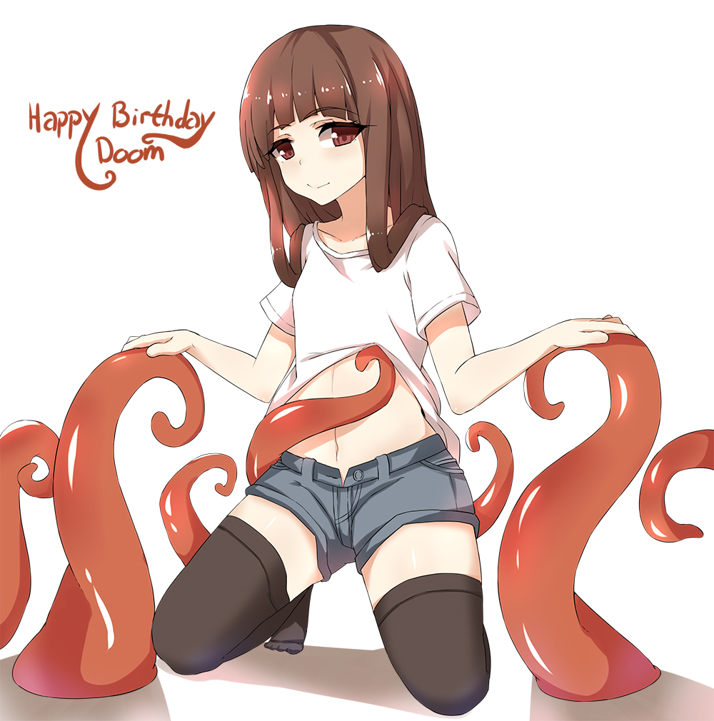 1girl, black_thighhighs, brown_eyes, brown_hair, clothes_lift, enki_(dragonfire), flat_chest, happy_birthday