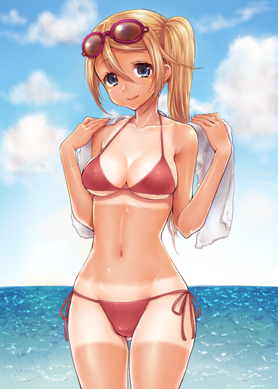 1girl, atlus, bad_id, bad_pixiv_id, bare_shoulders, bikini, blonde_hair, blue_eyes