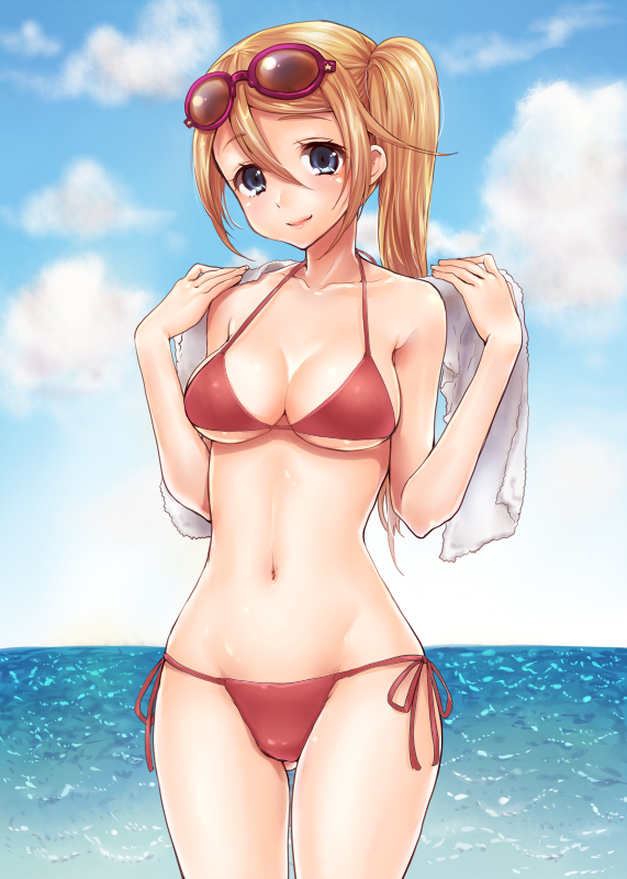 1girl, atlus, bad_id, bad_pixiv_id, bare_shoulders, bikini, blonde_hair, blue_eyes