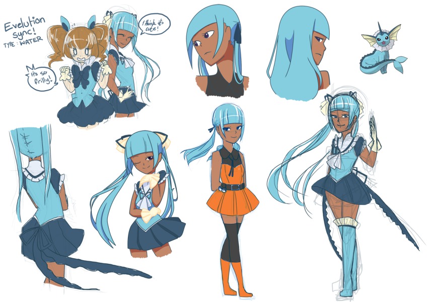 2girls, ^_^, ace_trainer_(pokemon), boots, brown_hair, clenched_hands, closed_eyes, cosplay, dark-skinned_female, dark_skin, dual_persona, eevee, eeveelution_project, english_text, gen_1_pokemon, gloves, hair_down, hair_ribbon, hanakawa_ran, hand_on_own_hip, lani_mihirau, long_hair, looking_back, loony_bear, magical_girl, multiple_girls, nintendo, npc_trainer, o_o, one_eye_closed, open_mouth, original, parted_lips, personification, poke_ball, pokemon, purple_eyes, ribbon, simple_background, skirt, smile, standing, thigh_boots, thighhighs, twintails, typo, vaporeon, vaporeon_(cosplay), white_background, wink, zettai_ryouiki