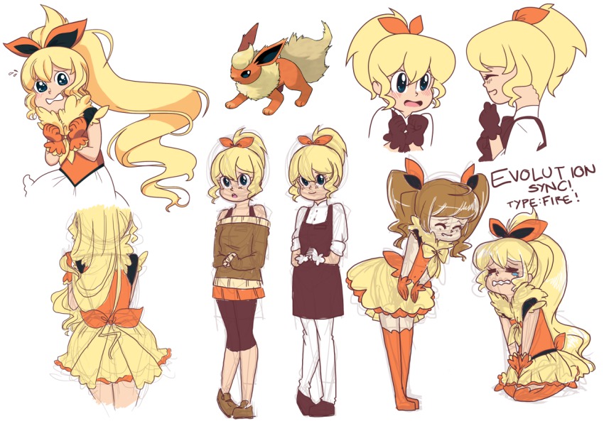 2girls, =_=, ^_^, apron, baker_(pokemon), bare_shoulders, bent_over, blue_eyes, blush, bow, brown_hair, clenched_hands, closed_eyes, cosplay, dress, dual_persona, eevee, eeveelution_project, english_text, flareon, flareon_(cosplay), flying_sweatdrops, fur_trim, gen_1_pokemon, gloves, hair_ribbon, hanakawa_ran, himura_hotaru, kneeling, leaning, leggings, long_hair, long_sleeves, looney_bear, loony_bear, magical_girl, multiple_girls, nintendo, npc_trainer, open_mouth, original, personification, pigeon-toed, pokemon, ponytail, ribbon, simple_background, skirt, sleeves_past_wrists, smile, standing, tears, thighhighs, twintails, very_long_hair, wavy_mouth, white_background, zettai_ryouiki