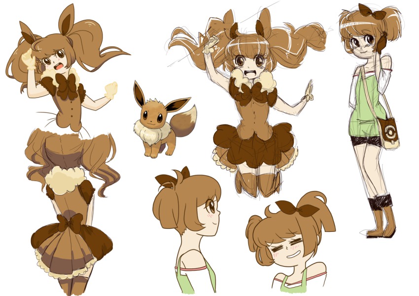 1girl, :d, =_=, bare_shoulders, blush, boots, bow, brown_eyes, brown_hair, cosplay, dual_persona, eevee, eevee_(cosplay), eeveelution_project, fur_trim, gen_1_pokemon, gloves, hair_ribbon, hanakawa_ran, jumping, looking_at_viewer, looney_bear, loony_bear, magical_girl, nintendo, npc_trainer, official_art, open_mouth, original, parted_lips, personification, pokemon, pokemon_breeder_(pokemon), ribbon, short_twintails, simple_background, skirt, smile, standing, thighhighs, twintails, white_background, zettai_ryouiki