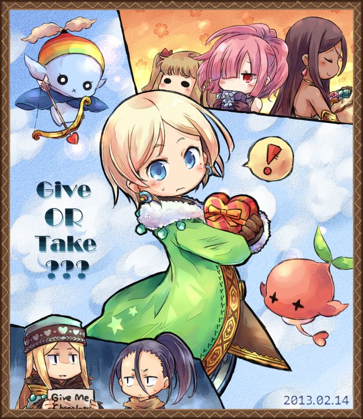 !, +_+, 3boys, 3girls, x_mouth, androgynous, arrow_(projectile), blonde_hair