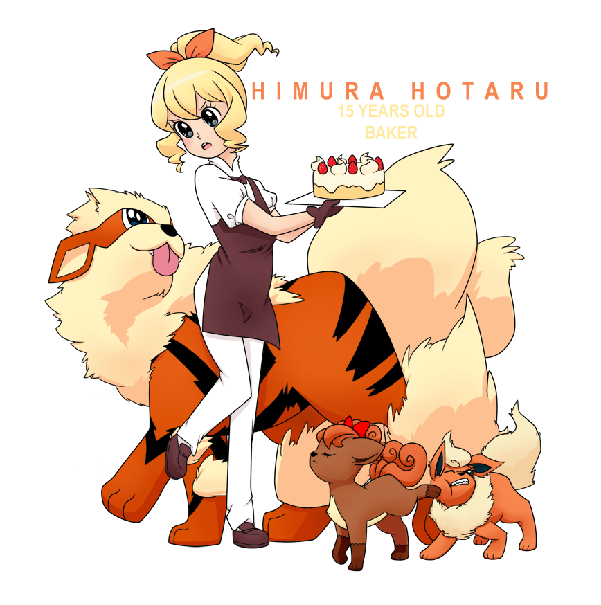 >:o, 1girl, :o, apron, arcanine, baker_(pokemon), blonde_hair, bow