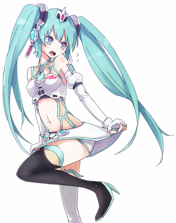 1girl, aqua_hair, bad_id, bad_pixiv_id, boots, detached_sleeves, female_focus, fingerless_gloves, gloves, goodsmile_company, goodsmile_racing, hatsune_miku, high_heel_boots, high_heels, leg_lift, long_hair, looking_back, navel, open_mouth, race_queen, racing_miku, racing_miku_(2012), shiroshi_(denpa_eshidan), skirt, solo, thigh_boots, thighhighs, twintails, very_long_hair, vocaloid, white_background