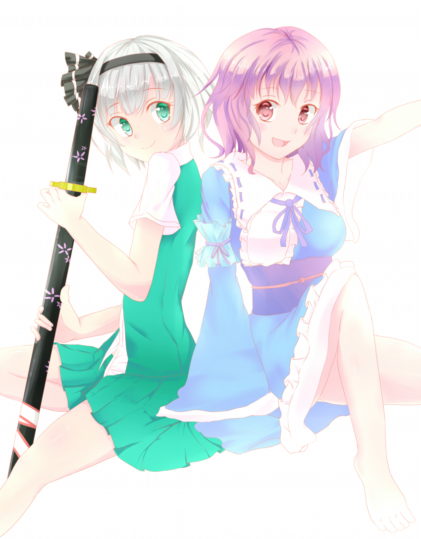 2girls, blue_eyes, breasts, hairband, highres, japanese_clothes, katana, konpaku_youmu, large_breasts, long_sleeves, multiple_girls, obi, open_mouth, pink_eyes, pink_hair, ribbon, saigyouji_yuyuko, sash, shirt, short_hair, short_sleeves, silver_hair, skirt, smile, sword, teke28, touhou, weapon, wide_sleeves