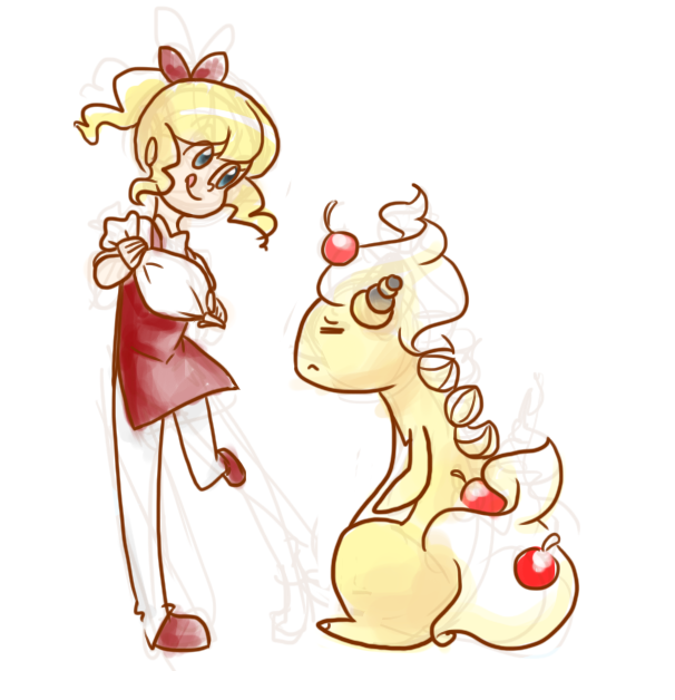 10s, 1girl, :<, :q, =_=, ampharos, apron, baker_(pokemon)