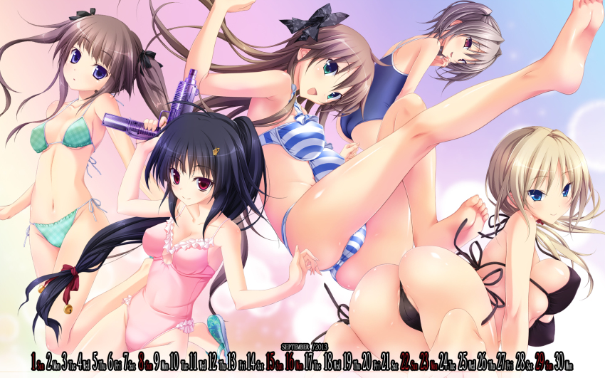 10s, 2013, 5girls, all_fours, ass, barefoot, bikini, black_bikini, black_hair, blonde_hair, blue_eyes, blush, body_blush, bow, breasts, brown_hair, calendar, casual_one-piece_swimsuit, cleavage, collarbone, competition_school_swimsuit, feet, frilled_swimsuit, frills, green_bikini, green_eyes, hair_bow, hair_ornament, hairclip, hapymaher, hasuno_saki, highres, hirasaka_keiko, koku, large_breasts, long_hair, looking_at_viewer, low_twintails, multiple_girls, naitou_maia, one-piece_swimsuit, pink_one-piece_swimsuit, ponytail, purple_eyes, red_eyes, school_swimsuit, september, shiny_skin, side-tie_bikini_bottom, sideboob, slit_pupils, smile, soles, strap_gap, string_bikini, striped_bikini, striped_clothes, swimsuit, thong_bikini, toriumi_arisu, tsukimori_hiro, twintails, very_long_hair, water_gun, yayoi_b_lutwidge