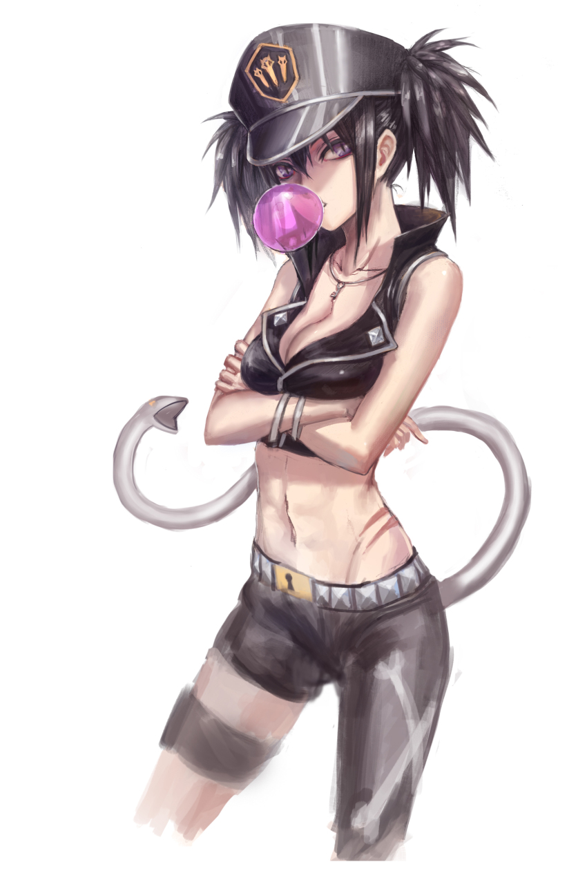 1girl, absurdres, beros, black_hair, blood_lad, blowing_bubble_gum, blowing_bubbles, bracelet, breasts, chewing_gum, cleavage, crossed_arms, female_focus, hat, highres, infukun, jewelry, looking_at_viewer, medium_breasts, midriff, navel, necklace, peaked_cap, purple_eyes, simple_background, sketch, slit_pupils, snake_head_tail, snake_tail, solo, tail, twintails, white_background, zhouran