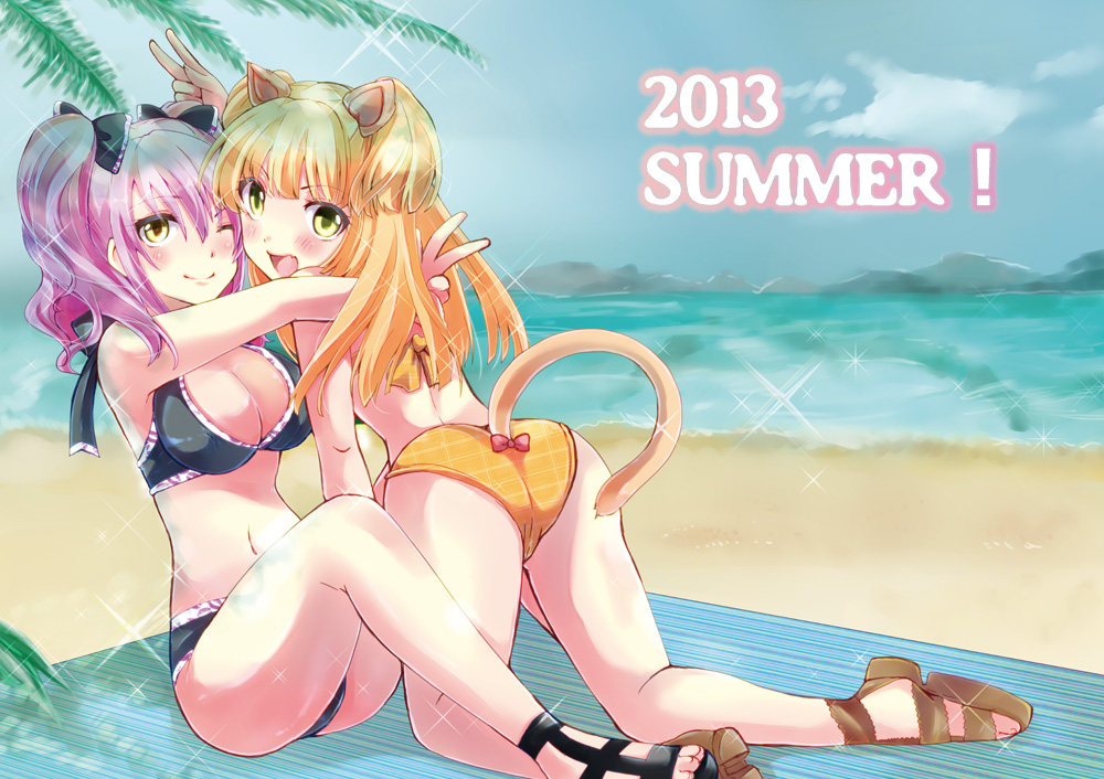 10s, 2girls, ;), all_fours, animal_ears, azuma_kei, bikini, blonde_hair, cat_ears, cat_tail, green_eyes, hug, idolmaster, idolmaster_cinderella_girls, jougasaki_mika, jougasaki_rika, long_hair, multiple_girls, one_eye_closed, toeless_footwear, pink_hair, sandals, shoes, siblings, sisters, smile, swimsuit, tail, twintails, two_side_up, v, yellow_eyes, zanshomimai