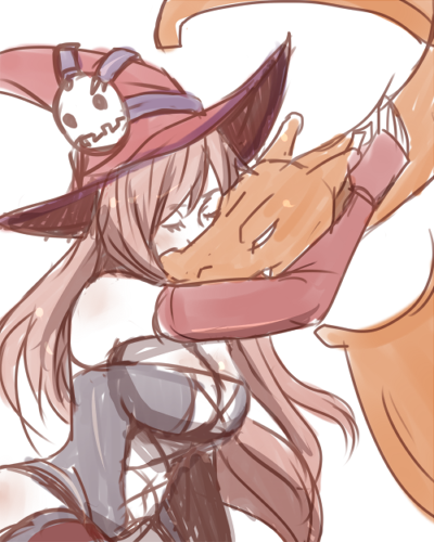 1girl, breasts, charizard, cleavage, closed_eyes, corset, crossover, elbow_gloves