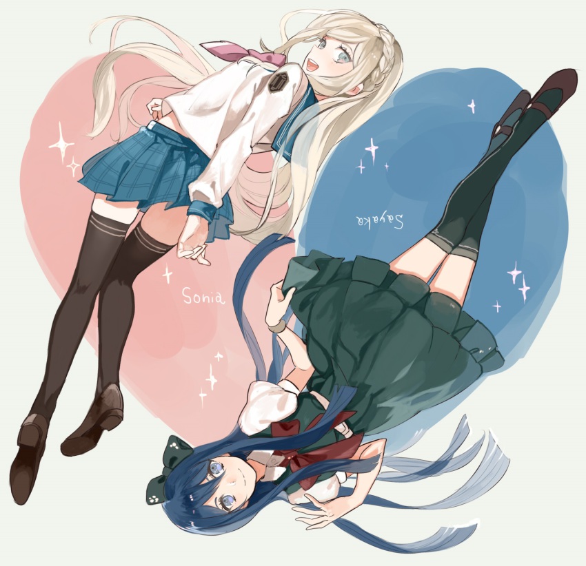 2girls, bad_id, bad_pixiv_id, black_legwear, blonde_hair, blue_eyes, blue_hair, bow