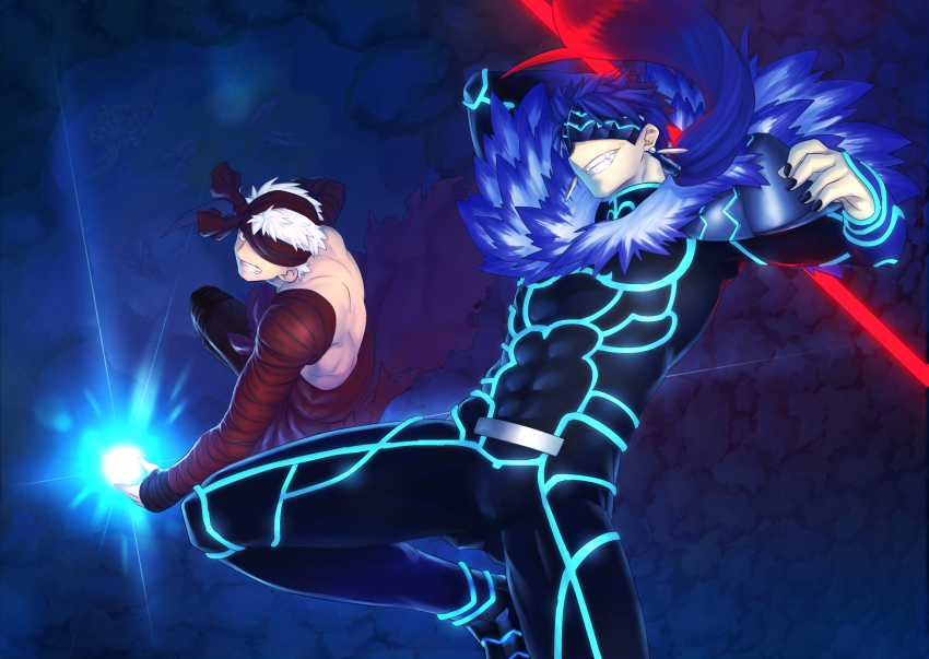 2boys, archer_(fate), archer_(prisma_illya), bad_id, bad_pixiv_id, blindfold, blue_hair, bodysuit