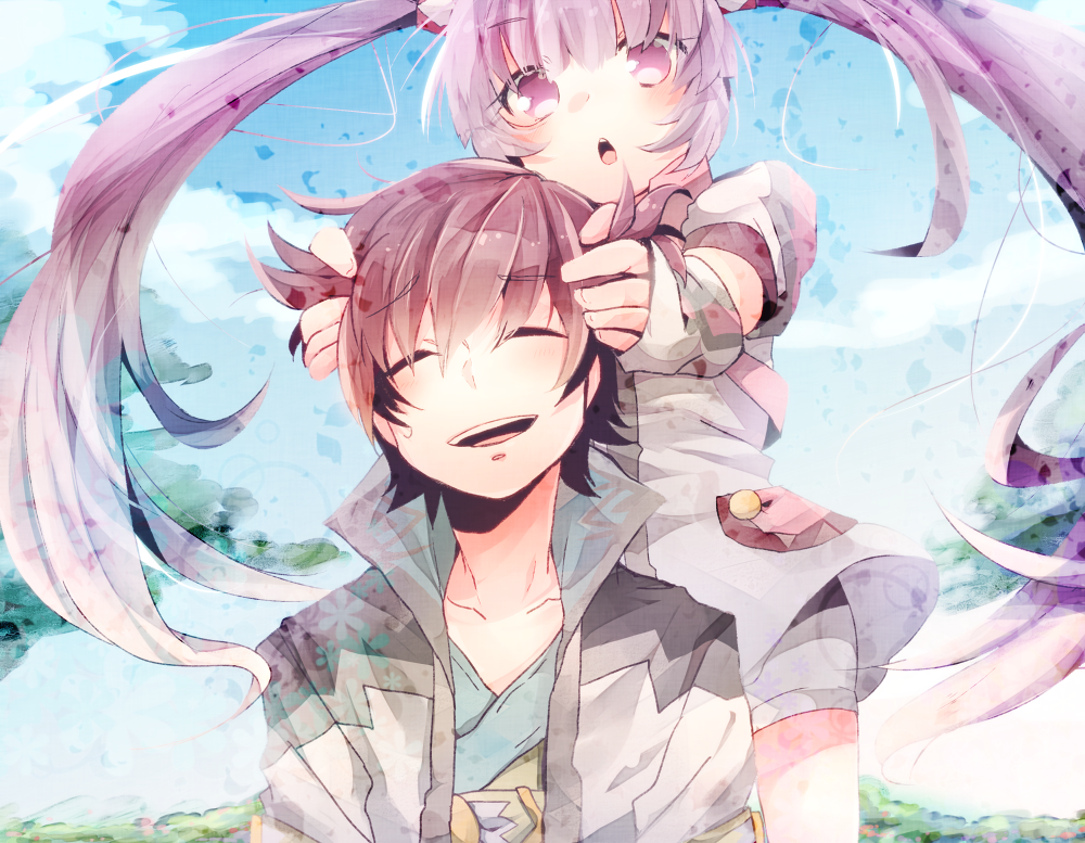 1boy, 1girl, :o, asbel_lhant, bad_id, bad_pixiv_id, blue_background, brown_hair, closed_eyes, coat, long_hair, official_alternate_costume, purple_eyes, purple_hair, shorts, smile, sophie_(tales), sophie_(toast_of_the_town)_(tales), sugino_(patrassyar), tales_of_(series), tales_of_graces, twintails