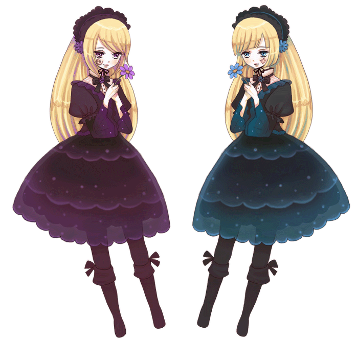 2girls, accurate_lolita_coord, blonde_hair, flower, gothic_lolita, hortense_(sound_horizon), lolita_fashion, long_hair