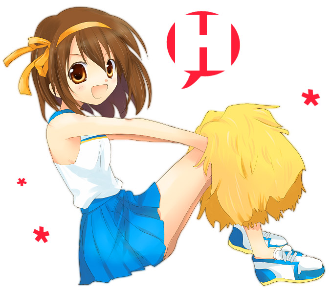 00s, brown_hair, cheerleader, kayune_niu, pom_pom_(cheerleading), short_hair, solo, suzumiya_haruhi