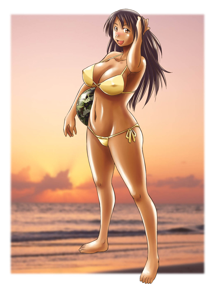 1girl, amamiya_atsushi, barefoot, beach, bikini, blush, breasts, brown_eyes, brown_hair, cleavage, covered_erect_nipples, dark-skinned_female, dark_skin, female_focus, food, fruit, hand_in_own_hair, konbini_dmz, konbini_dmz_plus!, large_breasts, long_hair, sao_satoru, side-tie_bikini_bottom, smile, solo, strap_gap, swimsuit, watermelon, yellow_bikini