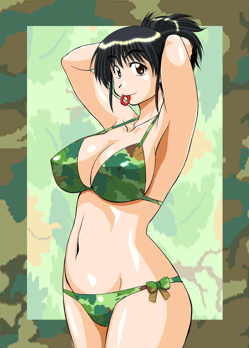 1girl, adjusting_hair, armpits, arms_up, bikini, black_hair, bow, breasts, brown_eyes, camouflage, camouflage_bikini, character_request, collarbone, covered_erect_nipples, curvy, female_focus, green_bikini, konbini_dmz, konbini_dmz_plus!, large_breasts, looking_at_viewer, mouth_hold, navel, ponytail, sao_satoru, scrunchie, short_hair, short_ponytail, side-tie_bikini_bottom, sideboob, solo, strap_gap, swimsuit