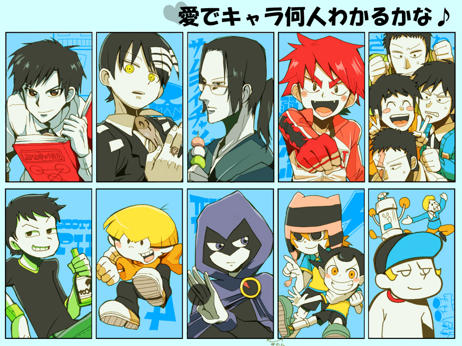 >:d, 00s, 6+boys, 8_of_my_10_favorite_characters, :d, arrow_(symbol), bad_id, bad_pixiv_id, baseball_cap, black_hair, blonde_hair, blue_background, book, bottle, brown_eyes, buraiden_gai, character_request, clenched_hand, clenched_hands, clenched_teeth, cloak, closed_eyes, codename:_kids_next_door, copyright_name, copyright_request, crossover, dango, dc_comics, death_the_kid, double_v, fangs, food, fukumoto_mahjong, glasses, grin, hat, heart, hood, hoodie, igawa_hiroyuki, inazuma_eleven, inazuma_eleven_(series), japanese_clothes, jewelry, jinnosuke, kogure_yuuya, konjiki_no_gash!!, kudou_gai, logo, looking_at_viewer, male_focus, matsuno_kuusuke, multiple_boys, multiple_drawing_challenge, musical_note, naruko_shoukichi, numbuh_4, open_mouth, orange_eyes, orange_hair, parted_lips, pointing, ponytail, purple_eyes, raven_(dc), red_hair, ring, samurai_champloo, sanshoku_dango, scar, scott_pilgrim_(comics), scott_pilgrim_(series), shorts, sitting, smile, soul_eater, spot_color, sweatdrop, t_k_g, takamine_kiyomaro, teen_titans, teeth, ten_(manga), v, v-shaped_eyebrows, wagashi, wallace_wells, wristband, yellow_eyes, yowamushi_pedal