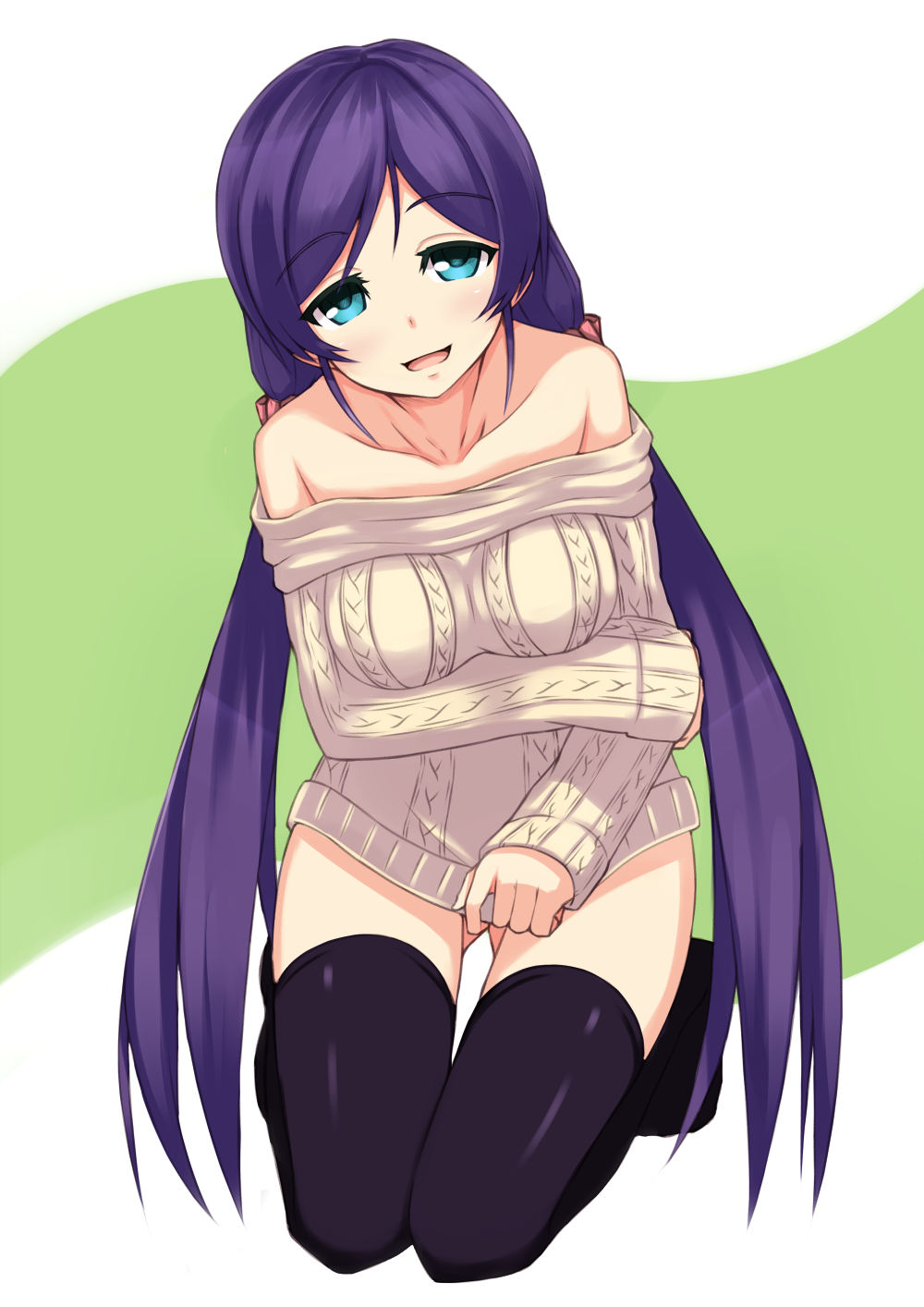 10s, 1girl, aran_sweater, bare_shoulders, black_thighhighs, blue_eyes, blush, breasts