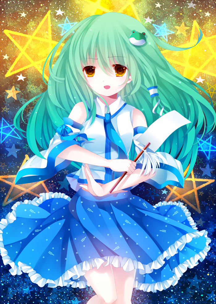 1girl, bad_id, bad_pixiv_id, blush, breasts, detached_sleeves, female_focus, frog_hair_ornament