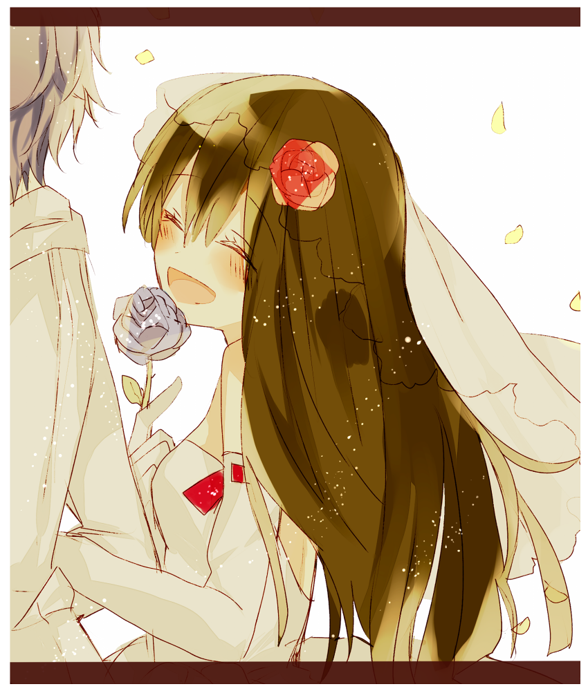 1boy, 1girl, :d, bad_id, bad_pixiv_id, blue_flower, blue_rose, brown_hair