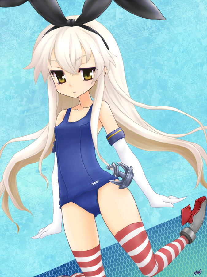 10s, 1girl, ashmix, blonde_hair, brown_eyes, elbow_gloves, gloves, hairband, kantai_collection, long_hair, one-piece_swimsuit, personification, school_swimsuit, shimakaze_(kancolle), striped_clothes, striped_thighhighs, swimsuit, thighhighs