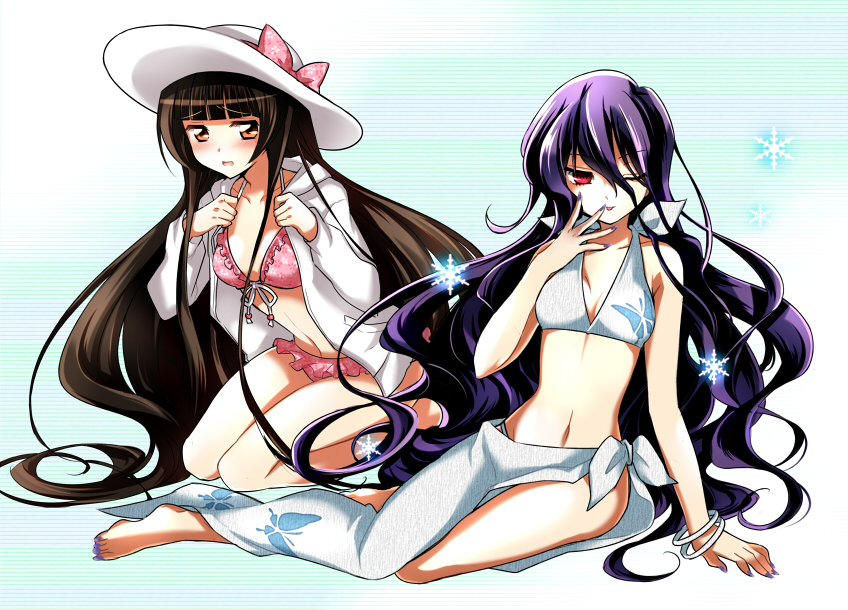 2girls, ;p, aosa_(michikusakan), arm_support, barefoot, bikini, bikini_under_clothes, black_hair, blueness_(michikusakan), blush, bow, bracelet, breasts, brown_eyes, cleavage, feet, front-tie_top, hat, hat_bow, hood, hoodie, jewelry, long_hair, looking_at_viewer, multiple_girls, nail_polish, navel, nurarihyon_no_mago, one_eye_closed, open_mouth, purple_hair, red_eyes, ribbon, seiza, setsura, sitting, small_breasts, smile, snowflakes, swimsuit, swimsuit_under_clothes, toenail_polish, toenails, tongue, tongue_out, unzipped, very_long_hair, wink, youhime
