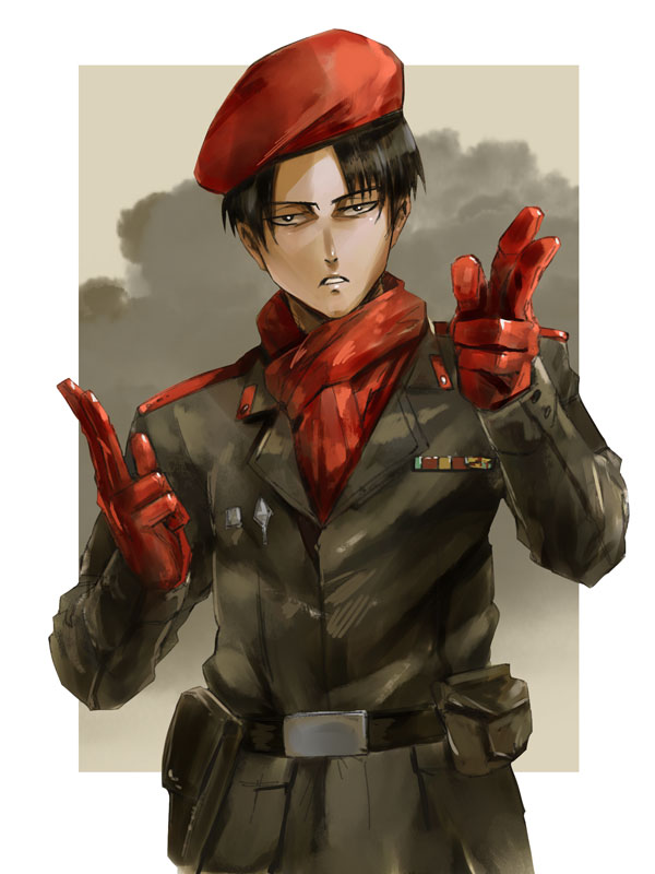 1boy, belt, beret, black_hair, cosplay, double_finger_gun, finger_gun, gloves