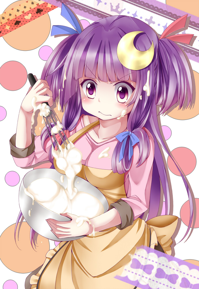 1girl, alternate_costume, alternate_hairstyle, alternate_headwear, apron, bad_id, bad_pixiv_id, bow, bowl, cream, crescent, crescent_hair_ornament, female_focus, hair_bow, hair_ornament, hair_up, long_hair, messy, no_eru, patchouli_knowledge, purple_eyes, purple_hair, serious, sidelocks, solo, touhou, upper_body, very_long_hair