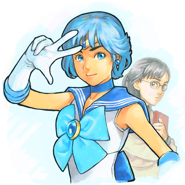 1990s_(style), 1girl, 2girls, bishoujo_senshi_sailor_moon, blue_eyes, blue_hair, blue_sailor_collar, book, bow, brooch, choker, dual_persona, earrings, glasses, gloves, jewelry, mizuno_ami, multiple_girls, multiple_views, pretty_guardian_sailor_moon, realistic, retro_artstyle, sailor_collar, sailor_mercury, sivva, tiara, v, white_gloves