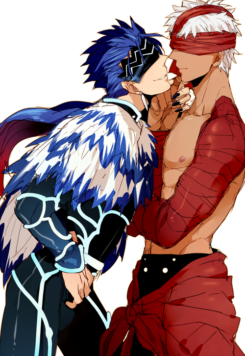 2boys, archer_(fate), archer_(prisma_illya), blindfold, blue_hair, claws, colored_blindfold, cu_chulainn_(fate)