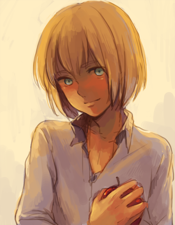 1boy, androgynous, apple, armin_arlert, bad_id, bad_pixiv_id, blonde_hair, blouse, blue_eyes, blush, food, fruit, image_sample, imoimo, looking_at_viewer, male_focus, mitsu_(imoimou), pixiv_sample, shingeki_no_kyojin, shirt, short_hair, simple_background, smile, solo