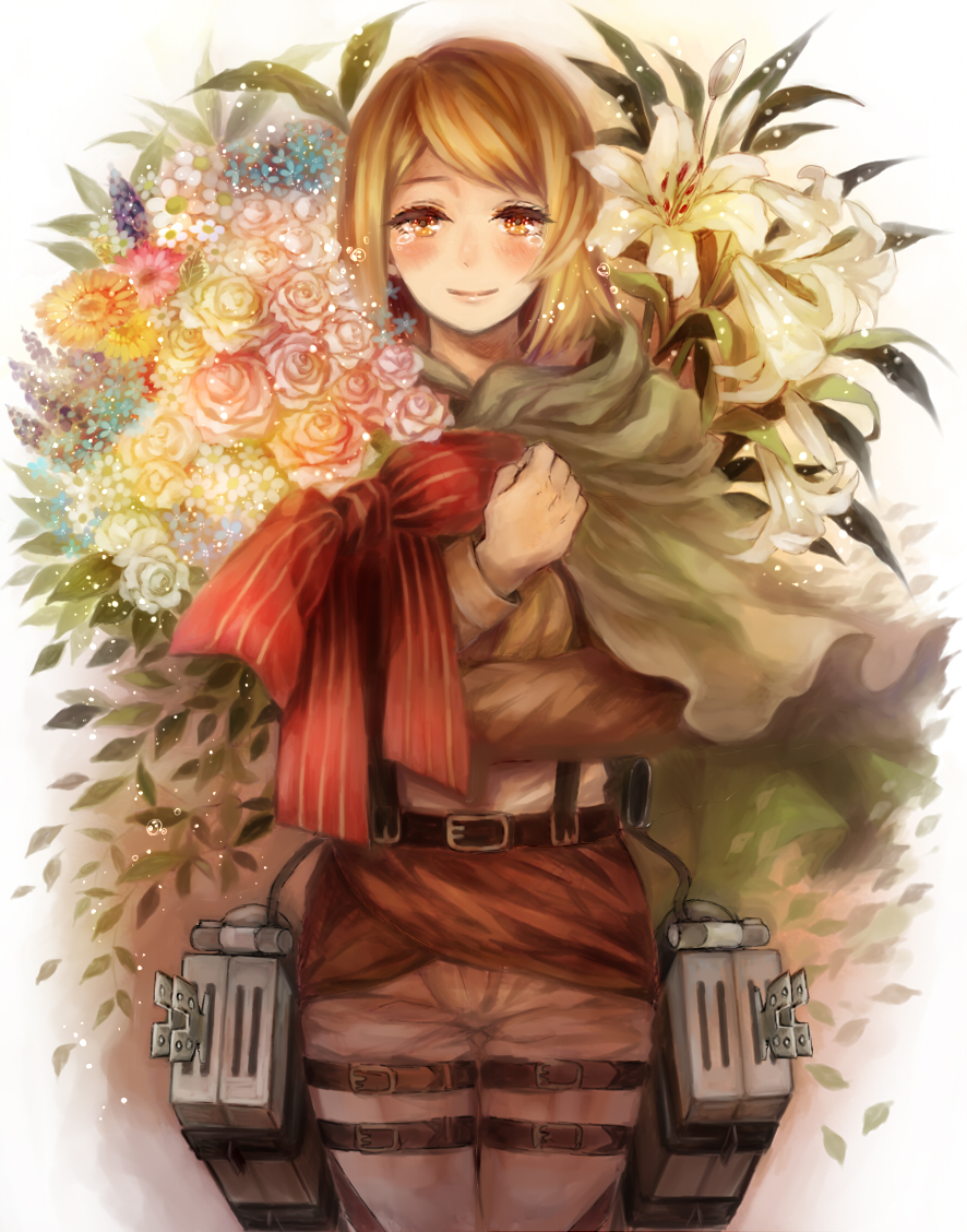 1girl, bad_id, bad_pixiv_id, blonde_hair, bouquet, bow, brown_eyes, female_focus