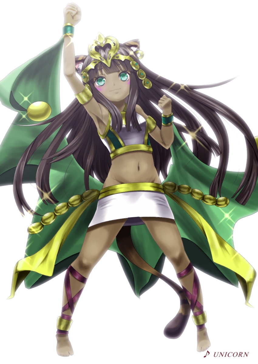 1girl, ancient_egyptian, animal_ears, ankle_lace-up, anklet, arm_up, armlet, armpits, barefoot, bastet_(p&amp;d), blush, brown_hair, cat_ears, cat_tail, crown, dark-skinned_female, dark_skin, earrings, female_focus, fist_pump, green_eyes, highres, hoop_earrings, jewelry, long_hair, lots_of_jewelry, lowleg, lowleg_skirt, midriff, navel, no_panties, okeriba, puzzle_&amp;_dragons, skirt, smile, solo, tail