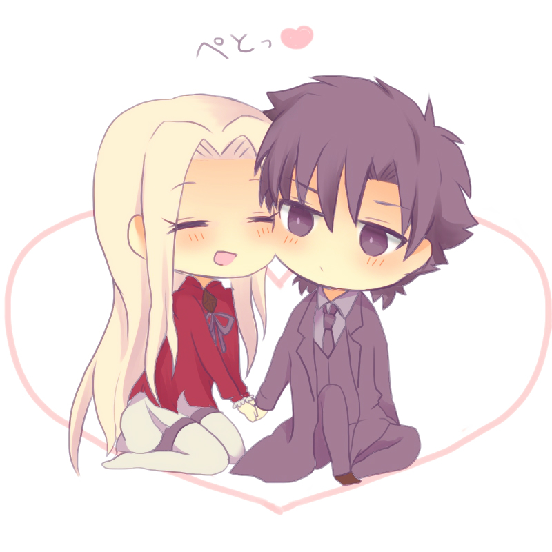 1boy, 1girl, black_eyes, black_hair, cheek-to-cheek, cheek_press, chibi, couple