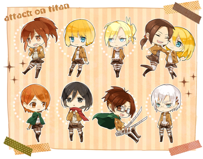 1boy, 6+girls, akeno06, annie_leonhart, armin_arlert, blonde_hair, brown_hair, cape, chibi, krista_lenz, copyright_name, eren_yeager, glasses, hange_zoe, heart, heart-shaped_pupils, jacket, mikasa_ackerman, multiple_girls, odd_one_out, petra_ral, rico_brzenska, sasha_blouse, shingeki_no_kyojin, sword, symbol-shaped_pupils, trap, weapon, white_hair, ymir_(shingeki_no_kyojin)