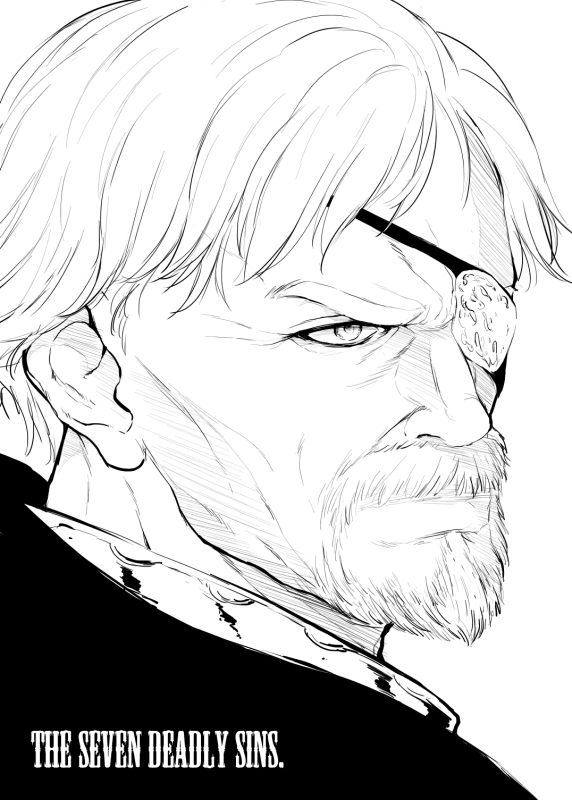10s, 1boy, beard, copyright_name, eyepatch, facial_hair, gamigamimissile, greyscale